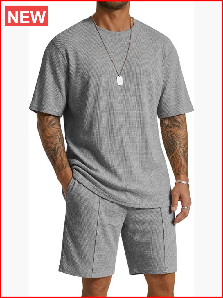 Men's 2 Piece Casual Cotton Waffle Tracksuit Set Short Sleeve Tee And Shorts